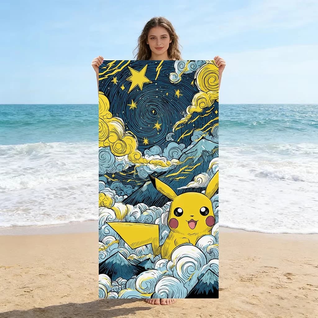 Asciugamano da spiaggia Pokemon in stile Van Gogh, 1 pezzo, super assorbente, asciugamano multiuso per spiaggia, piscina, sport, yoga, casa e viaggi
