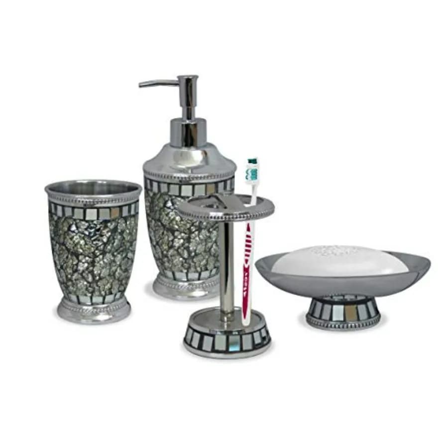 Set di 4 accessori da bagno Iceberg in grigio ghiaccio: include portasapone, portaspazzolino, bicchiere, dispenser per sapone/lozione