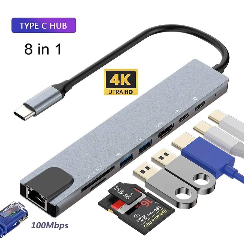 Docking station USB C 8in1 Hub Type-C Thunderbolt3 to 4K UHD Card reader TF/SD USB 2.0 100M RJ45 Ethernet PD Recharge Splitter