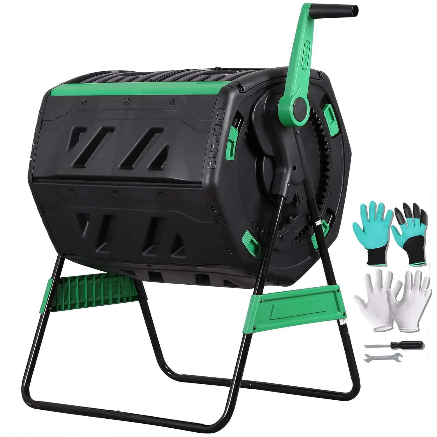 53-Gallon Dual Chamber Compost Tumbler, Outdoor Compost Bin with 360° Hand Crank & Adjustable Aeration, Includes Gloves & Tools