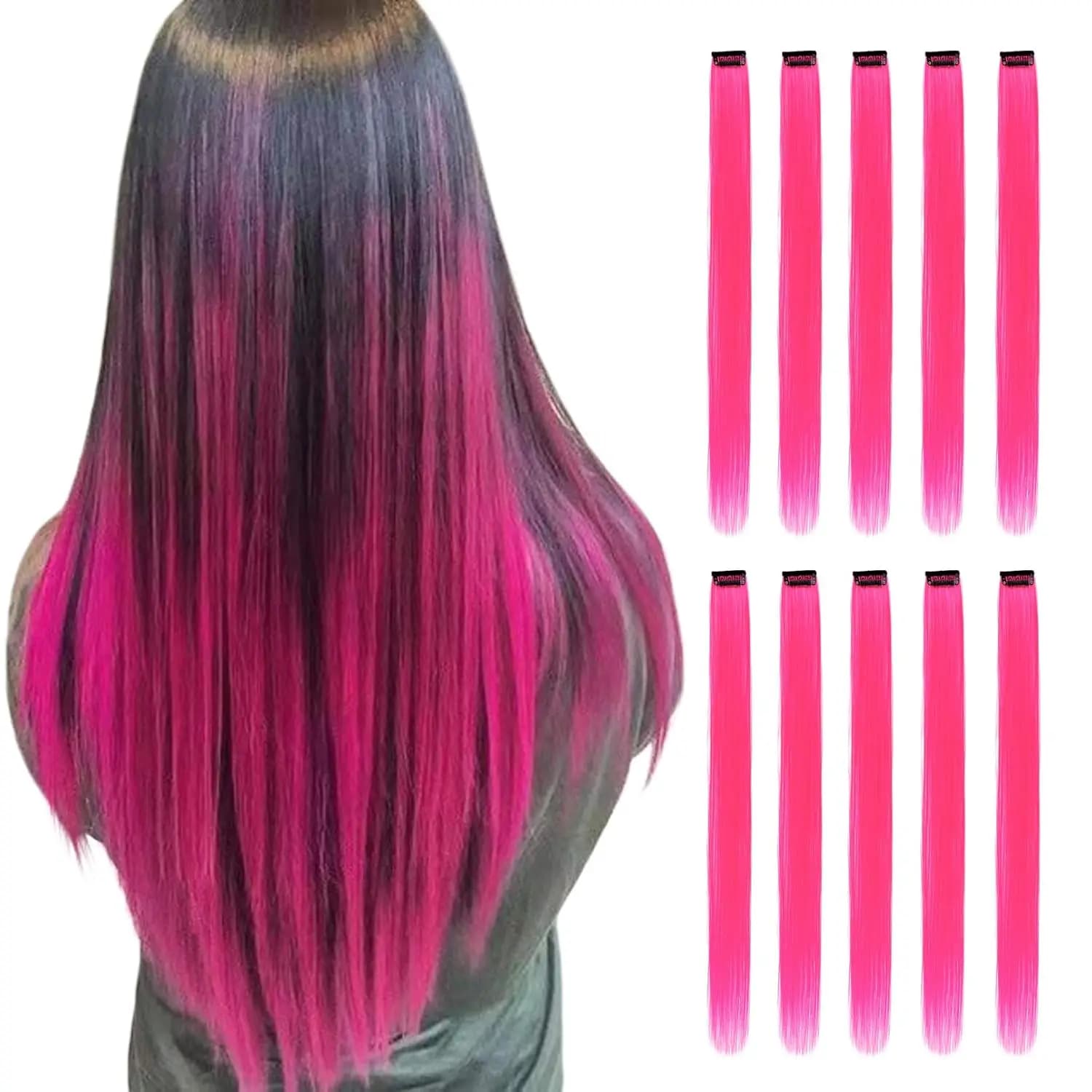 10 Pezzi di Extension per Capelli Sintetici Lunghi e Lisci Neri con Clip, 22 Pollici, per Feste e Highlights, per Donne, Bambini e Ragazze