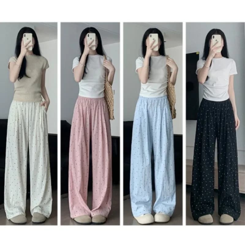 Women's Night Trousers at Gamba Dritta, Fantasia at Pois or Tinta Unita, Breathable, Comfortable for Relaxing and Pigiama