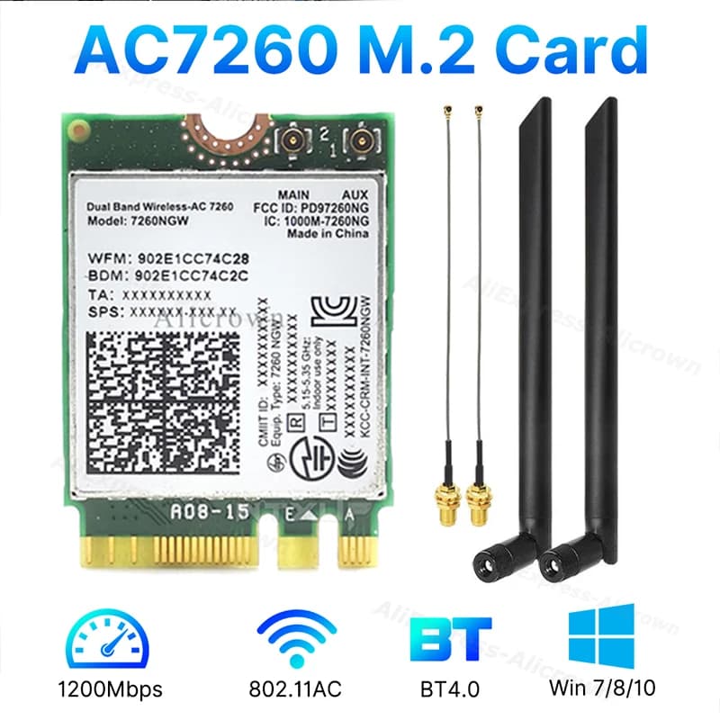 Scheda di rete wireless WiFi 1200M AC7260 7260NGW Dual Band 2.4G/5G Bluetooth 4.0 802.11AC M.2 Mini scheda con antenna per laptop
