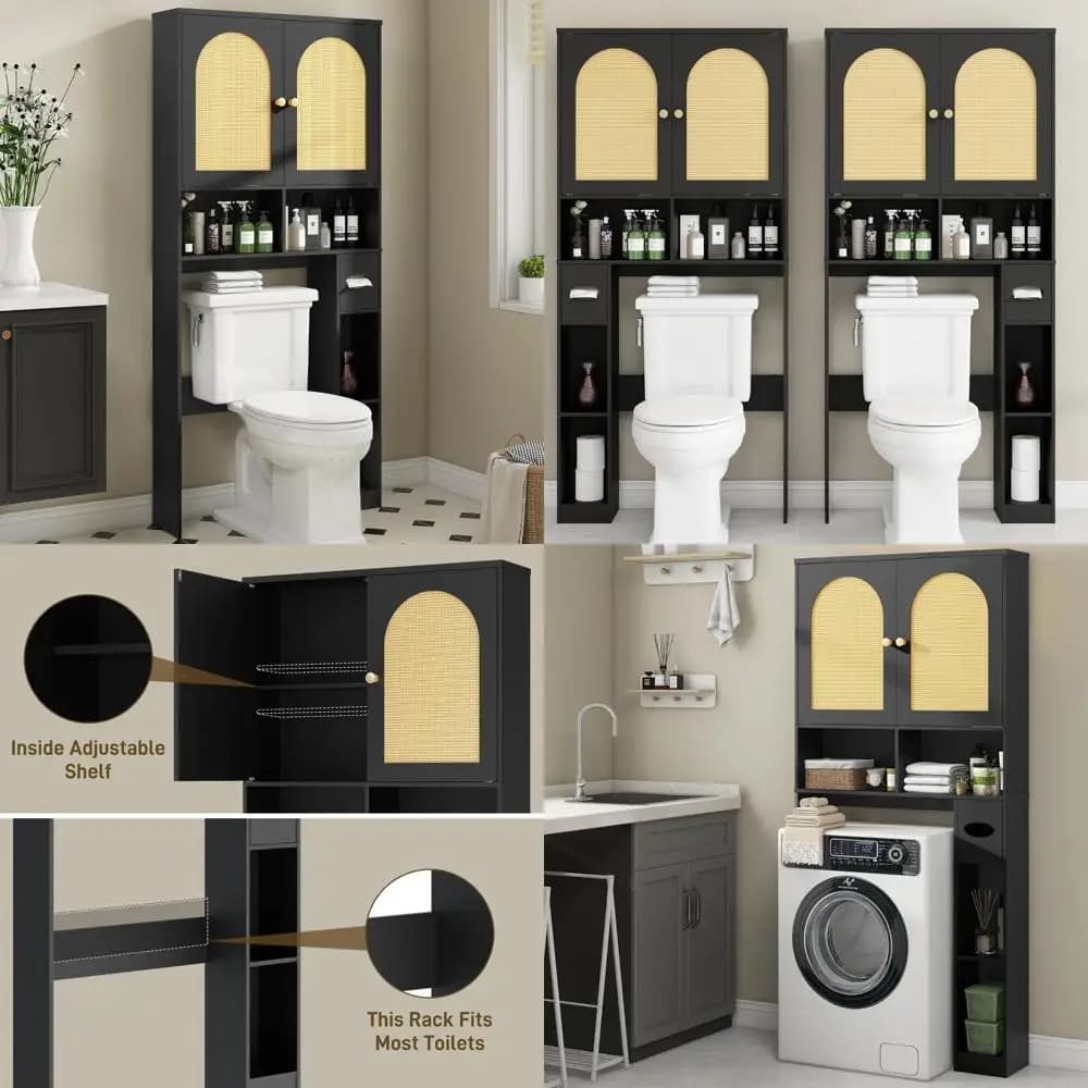 Mobiletto portaoggetti per WC in rattan con 2 ante e porta carta igienica, organizer da bagno in legno sopra il WC