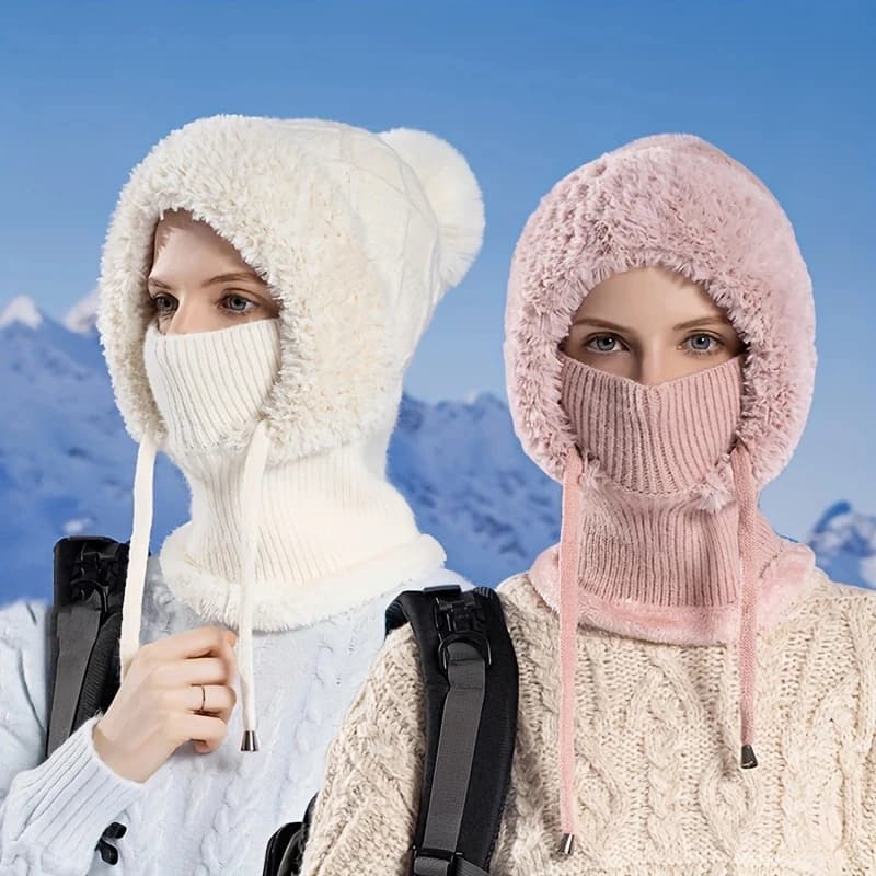 Winter Women's Velvet Balaclava Cap knitted Beanie Hat Ear Protection Hat Face Mask Neck Scarf Integrated Warm Pullover Hat