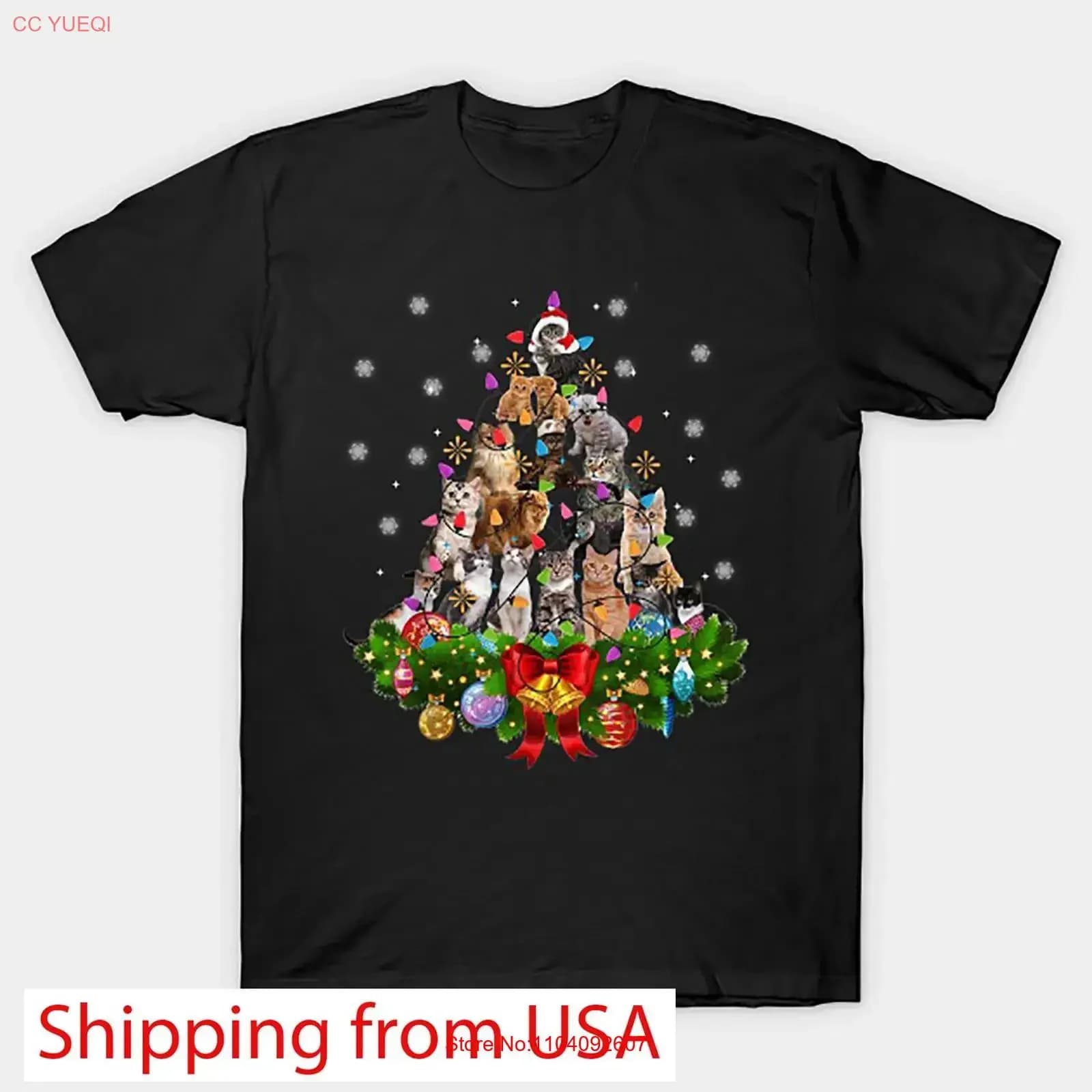 Maglietta natalizia divertente con gatti, albero, luci di Natale e gattini sulla neve, vintage, effetto lavato, streetwear, grafica, versatile, comoda, morbida