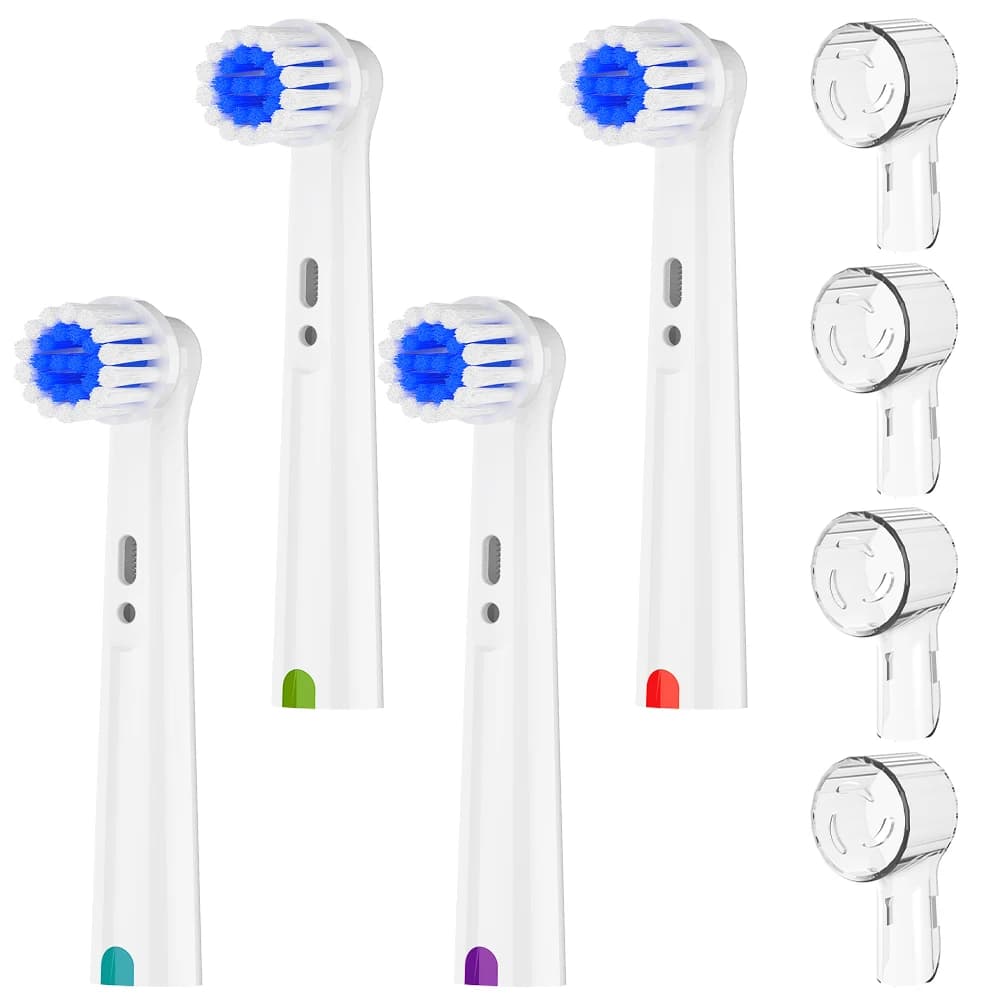 4 spare heads Sensitive Care and 4 protective caps for brush heads, compatible with Oral B electric toothbrush