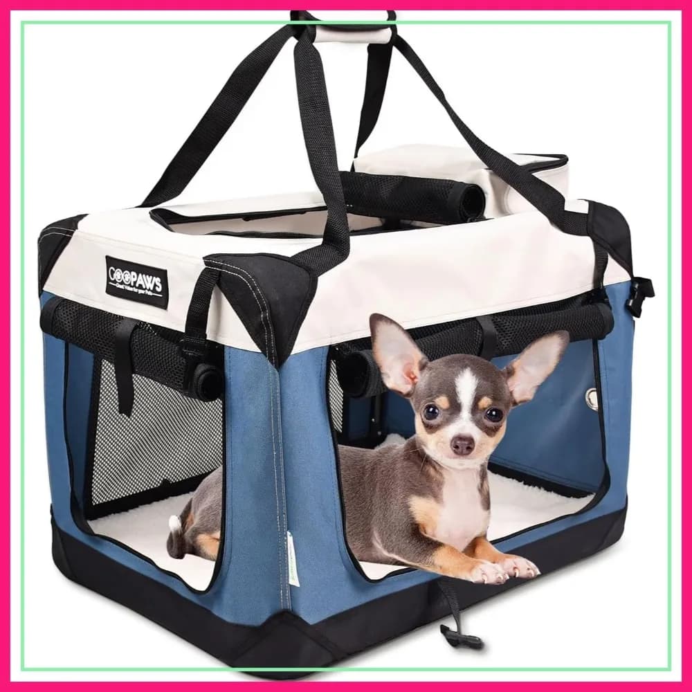 Trasportino Morbido per Cani a 3 Porte, Gabbia da Viaggio Pieghevole con Tappetino in Pile, Piccolo 24"L, Blu Lago
