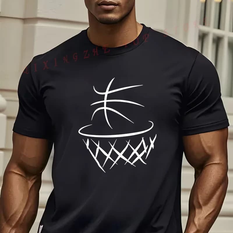 T-shirt with men's and unisex basketball print, crew neck, short sleeve, casual