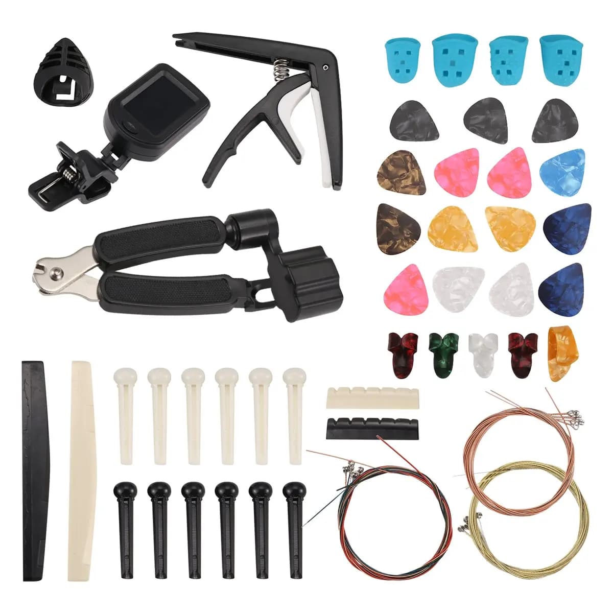 【STOCK】65 PCS Guitar Accessories Kit with Guitar Strings, Tuner, Capo, Picks, Pick Holder, Thumb Finger Picks, Bridge Pins