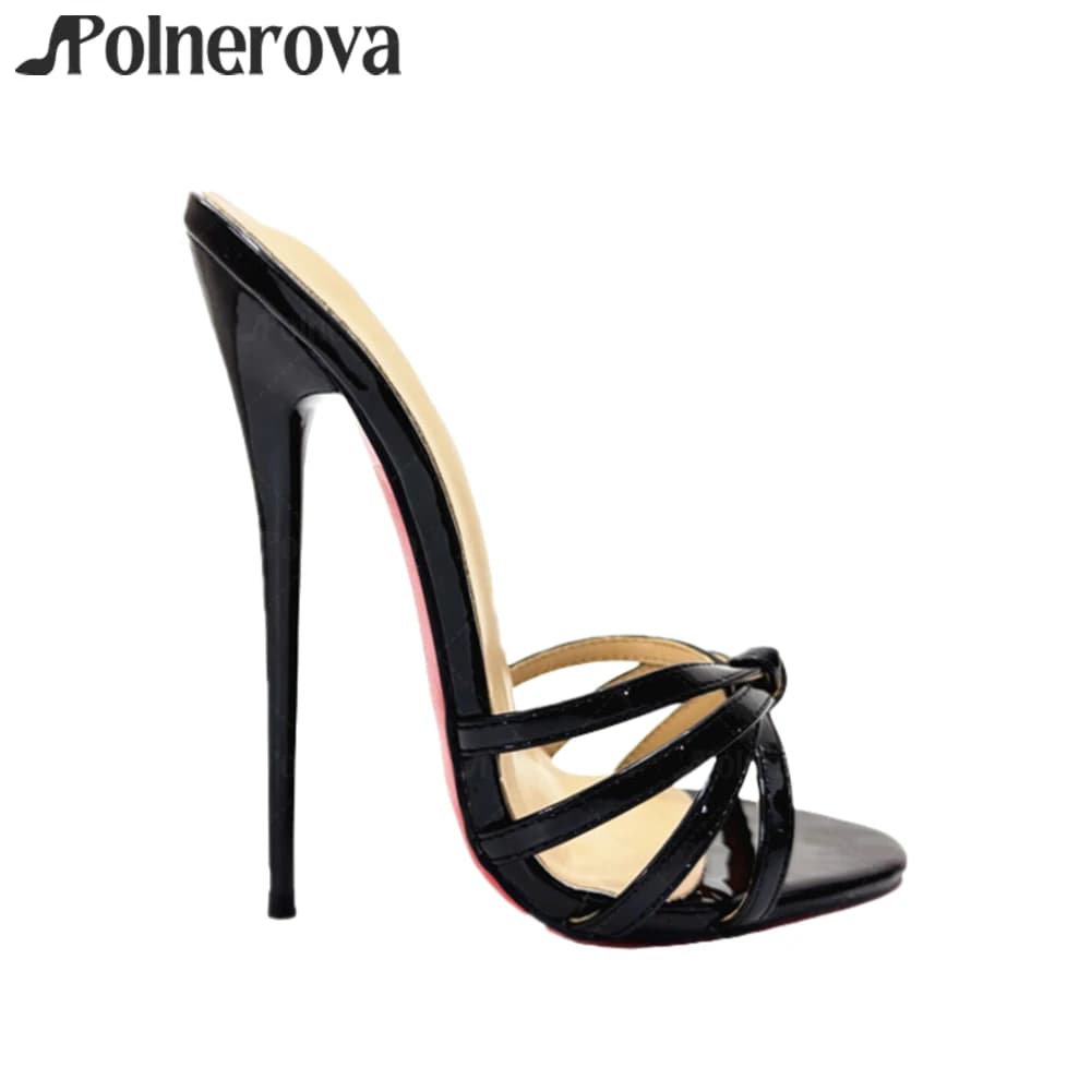 Ciabatte a spillo estremi da 16 cm Pantofole sexy intrecciate in pelle verniciata Slip eleganti su tacchi estivi fatti a mano da donna Colori personalizzabili