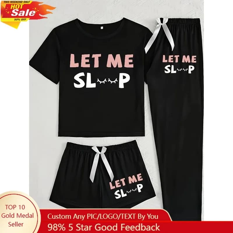 Women's casual pyjamas with letter print, three-piece pajamas for all seasons, Kint fabric adhering, comfortable nightwear