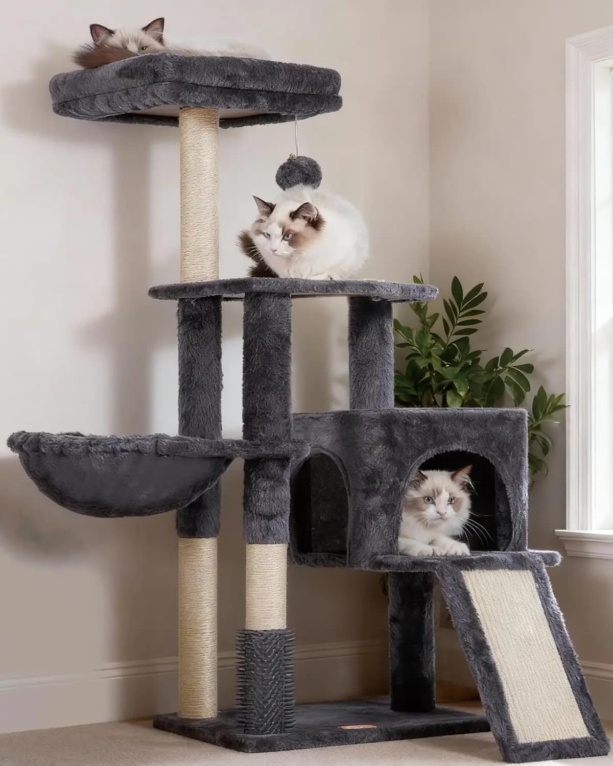 Tiragraffi per Gatti con Spazzola Autopulente, Torre con Cuccia per Gatti da Interno, Posatoio e Cesto in Peluche, Grigio Fumo
