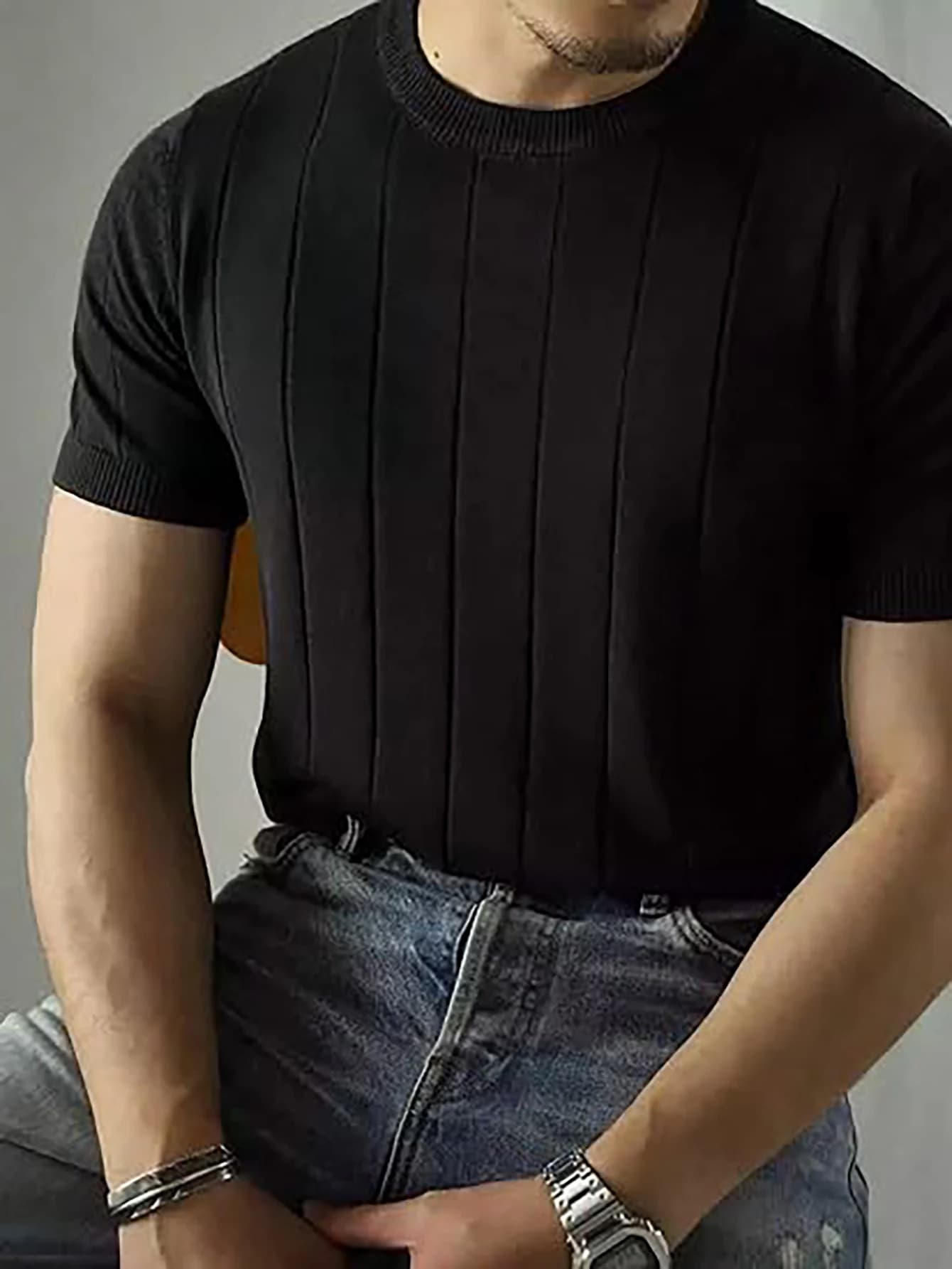 Men Vertical Ribbed Crew Neck Knit T Shirt Slim Fit Short Sleeve Solid Color Breathable Business Casual Knitted Tee Tops