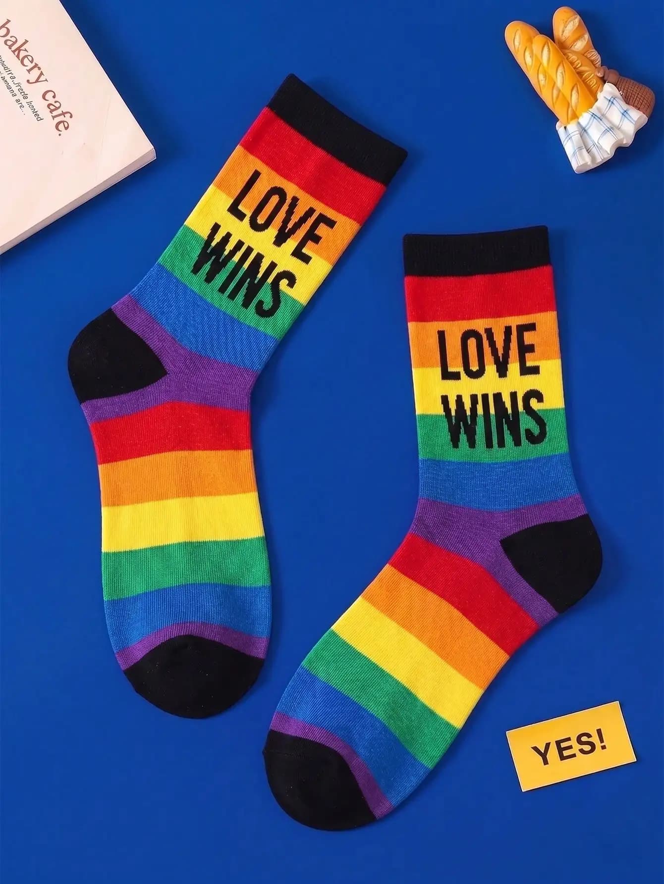 3 Pairs of Black Lgbtq Pride Mid-Calf Socks, Rainbow Gradient Letter Print, Striped Knit Cuff Casual Street Style Mid-Calf Socks