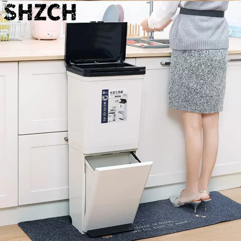 2-Tier Kitchen Trash Can with Lid, Large Capacity Dual-Bin Wastebasket for Dry Wet Separation, Home Recycling Garbage Bin