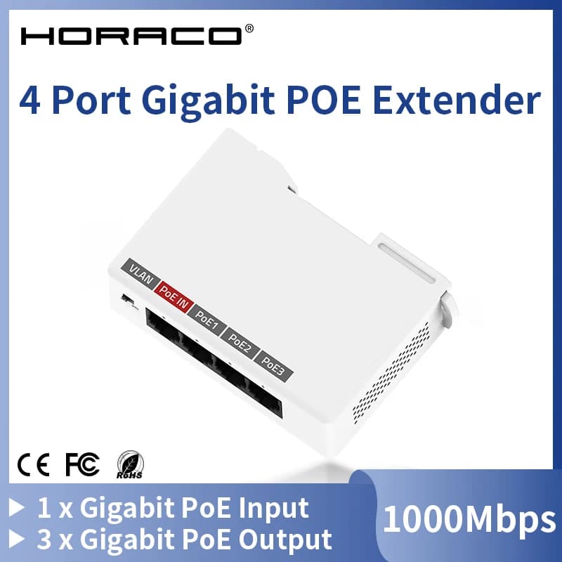 HORACO Extender POE Gigabit a 4 Porte, Switch di Rete 1000M, Ripetitore DIN Rail EEE802.3af/at Plug&Play per NVR, Telecamere IP, AP