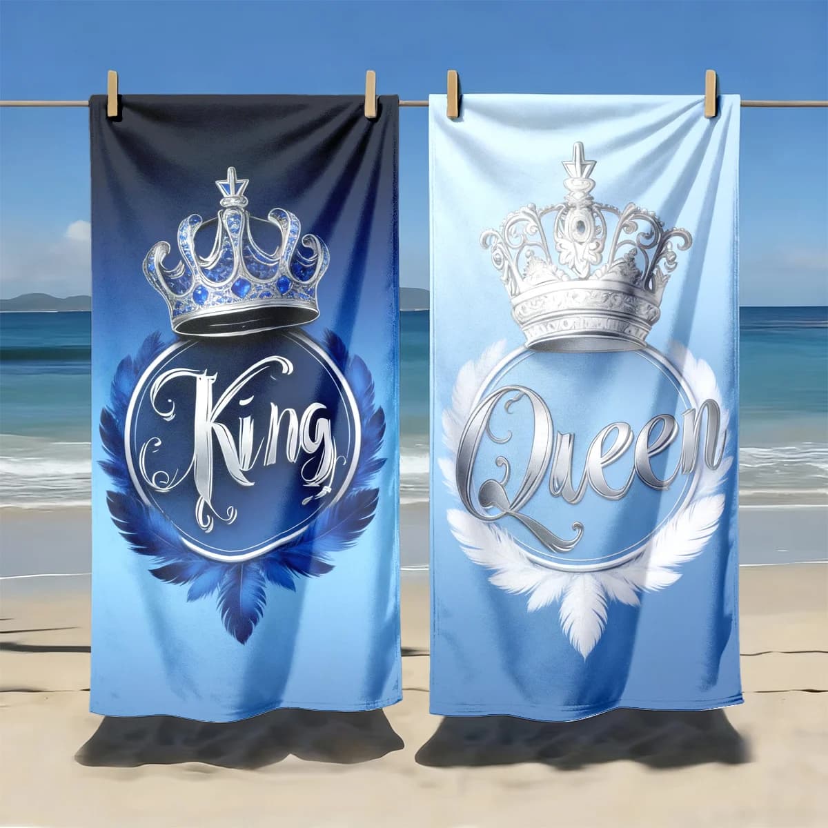 Asciugamano da spiaggia per coppia King Queen, 1 pezzo, corona di piume blu ghiaccio, ad asciugatura rapida, multiuso per yoga, viaggi, nuoto, campeggio