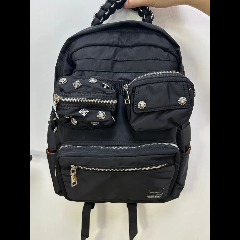 Porter Nylon Backpack Rivet Chain Large Capacity Unisex Rucksack Portable Lightweight Daypack Commuting Camping Travel Daily