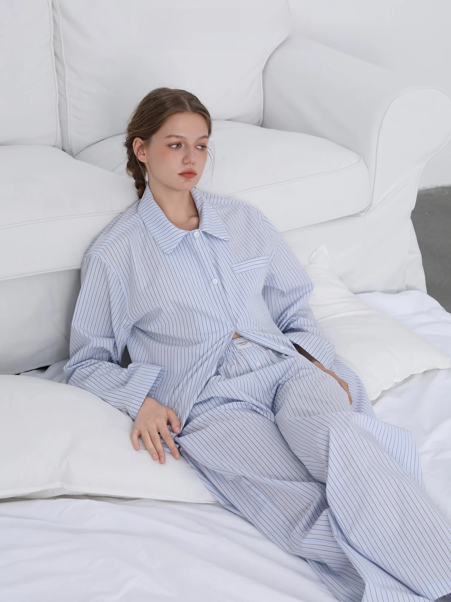 FORRETRO Spring Summer Blue Brown Stripes Cotton Lazy Pajamas Set Loose Fit Home Clothes for Men And Women Outdoor Wearable