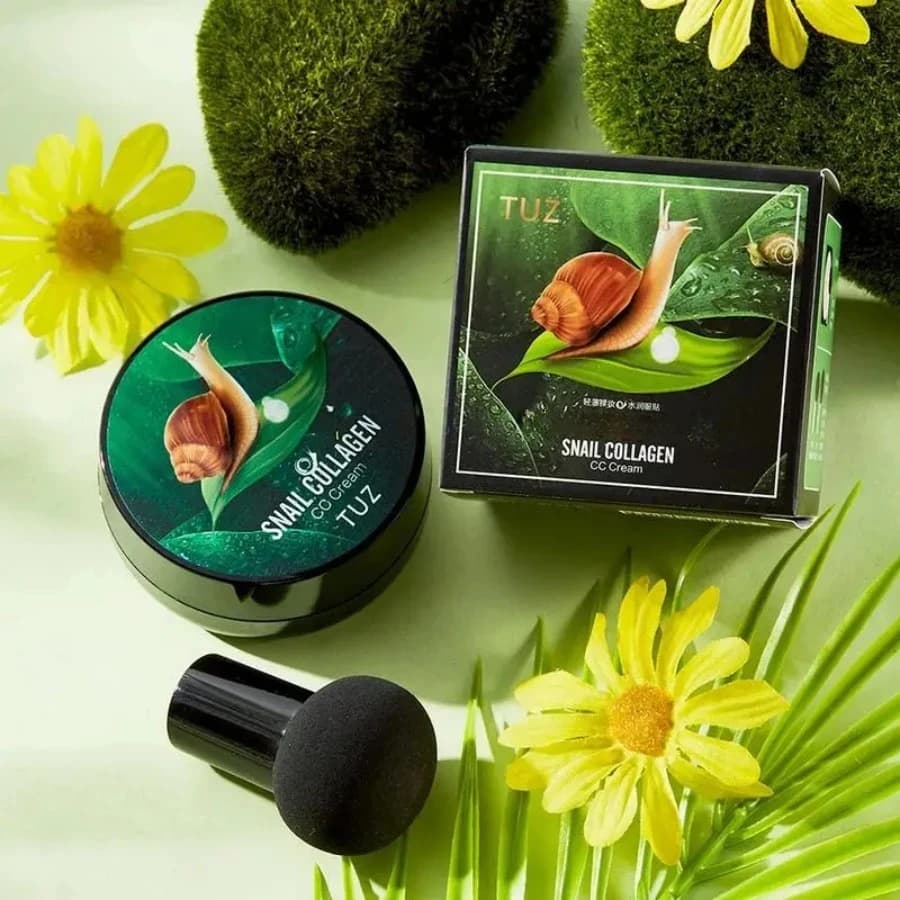 Crema CC al Collagene di Lumaca, Fondotinta Cushion BB con Applicatore a Testa di Fungo, Idratante, Correttore Viso, Impermeabile, Illuminante