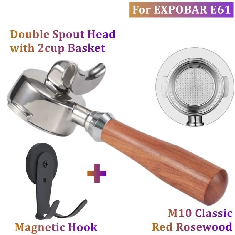 51/54/58mm Stainless Steel Double Spout Espresso Portafilter with Basket & M10 Handle,Magnetic Hanger,Coffee Machine Accessory