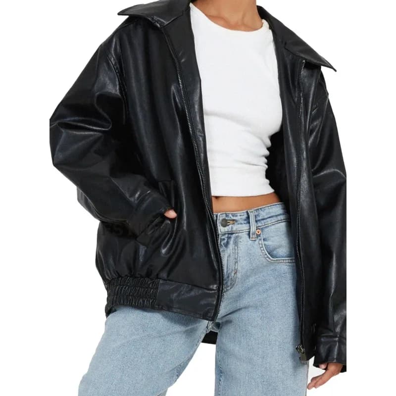 Giacca in pelle da motociclista primavera autunno Top da donna Cappotto in pelle PU con cerniera bavero Giacca college allentata casual Design streetwear