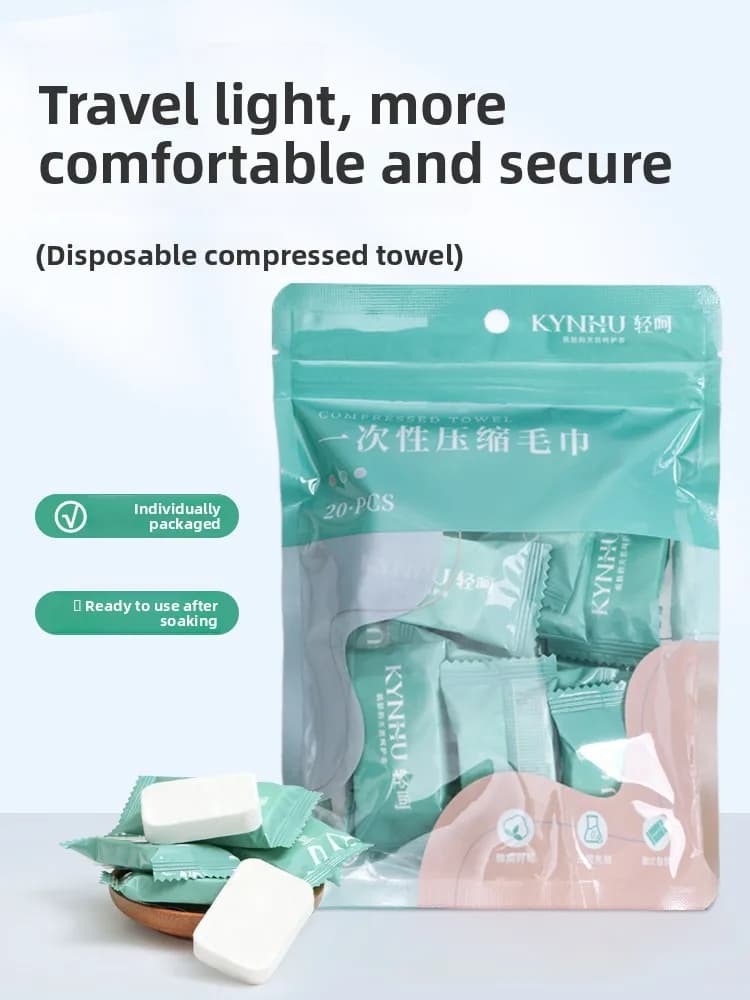Asciugamani Compressi Portatili da Viaggio Monouso, Confezione Individuale 20 Pezzi, Pronti all'Uso, Asciugamani Viso con Superficie Perlata