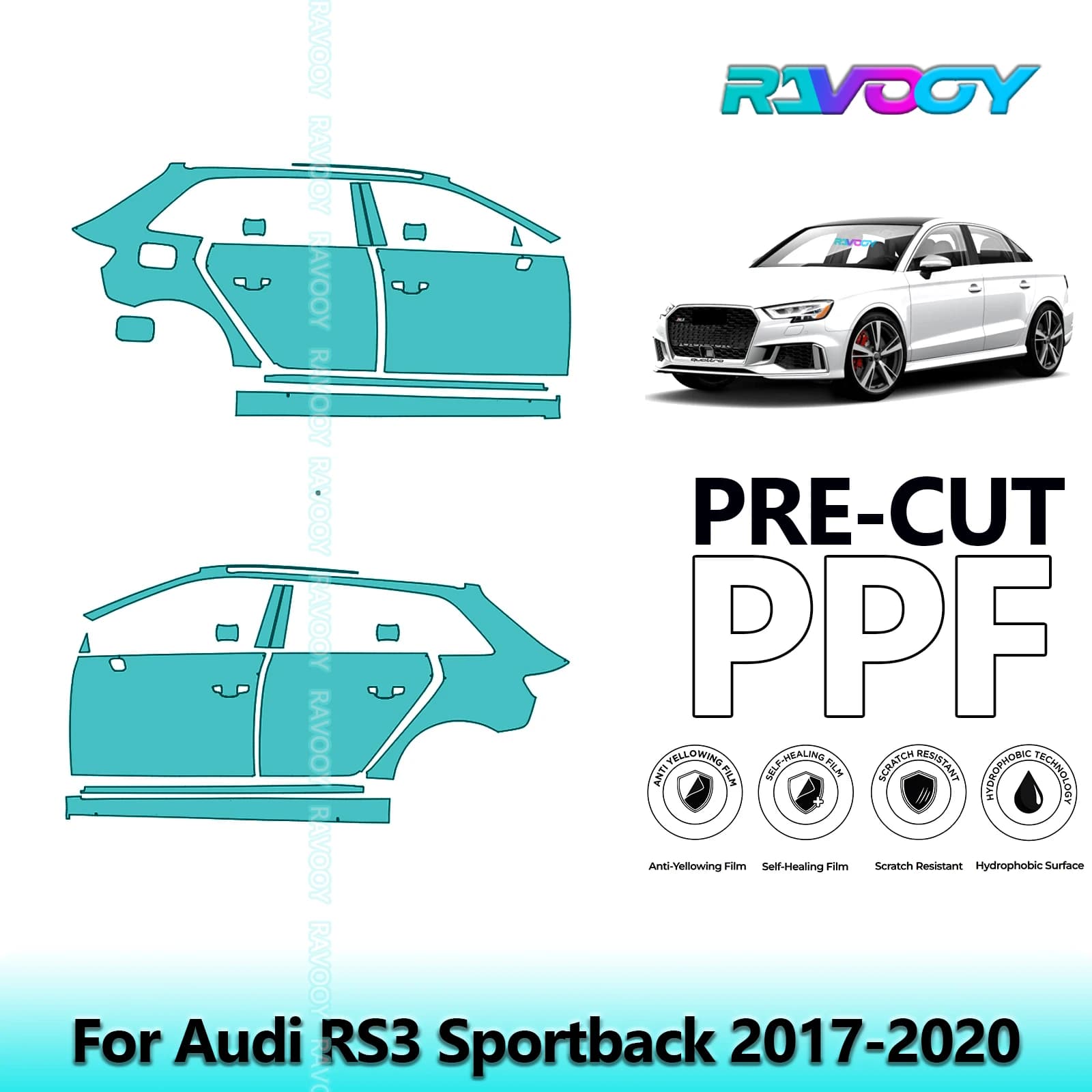 For Audi RS3 Sportback 2017-2020 8.5mil Transparent Opaco Pre-Cut PPF Door and Kit Pillar A/B Protection Film TPU