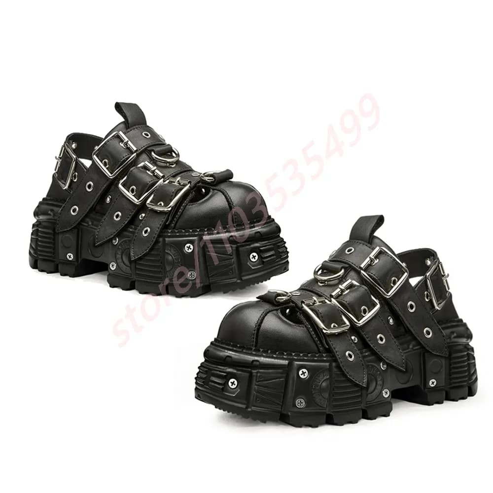 Thick Sole Belt Buckle Hollow Roman Sandals Round Toe Back Strap Punk 2025 Summer New Rivet Black Fashion Party Casual Sandals