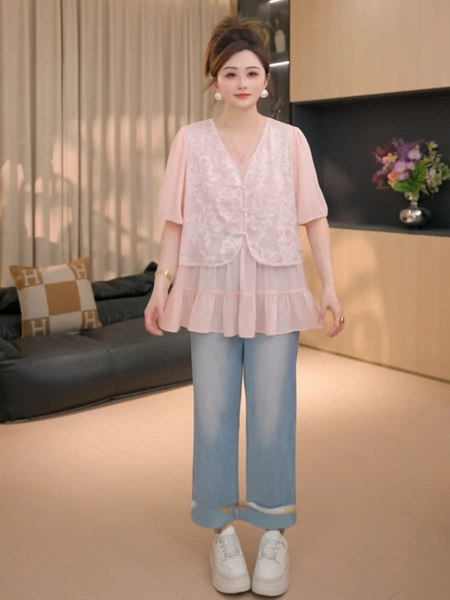 plus Size Women's Short Sleeve Embroidered Lace Chiffon Top Summer Casual Loose Fit Polyester Fiber round Neck Thin Style