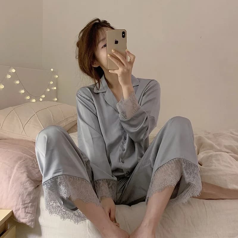 Spring Summer 2pcs/set Women Ice Silk Pajamas Lady V-Neck Lace Short Sleeve Loungewear Girls Casual Loose Princess Pajama Sets