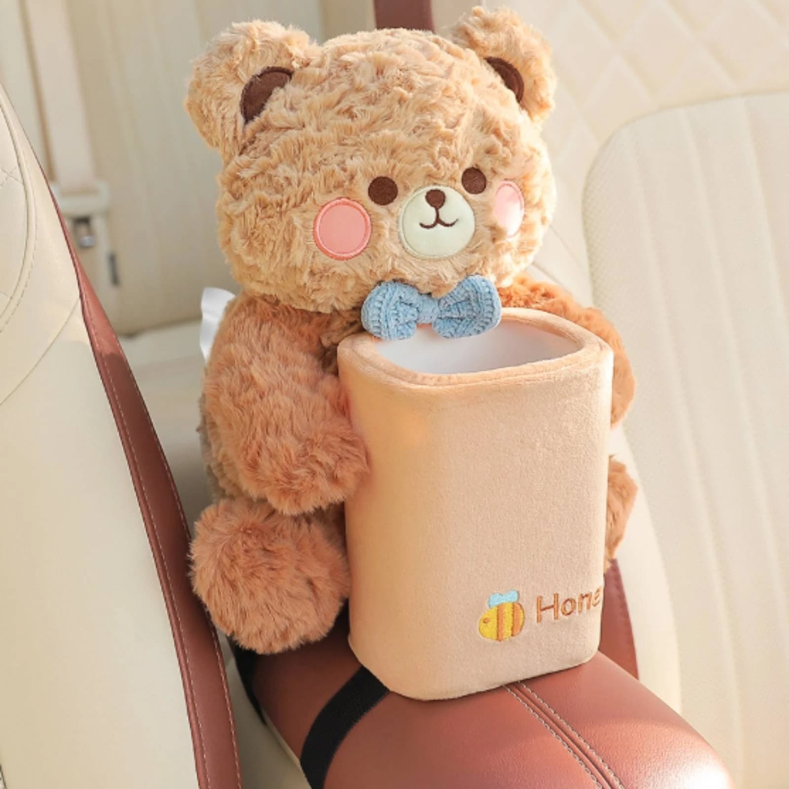 Car Trash Can with Tissue Holder Cute Teddy Bear Car Trash Bin Multifunctional Soft-Sided for Families, Road Trips