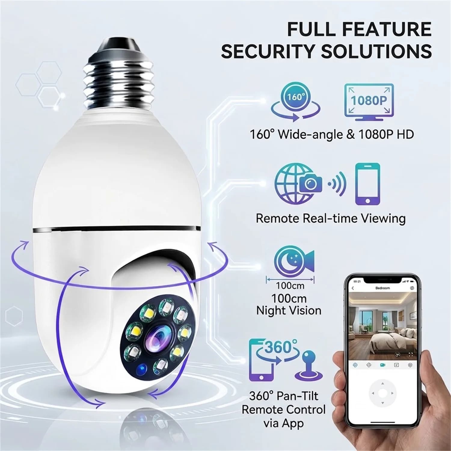 E27 Bulb Surveillance Camera Wifi IP PTZ CCTV Camera Night Vision Human Tracking Security Baby Monitor Cam