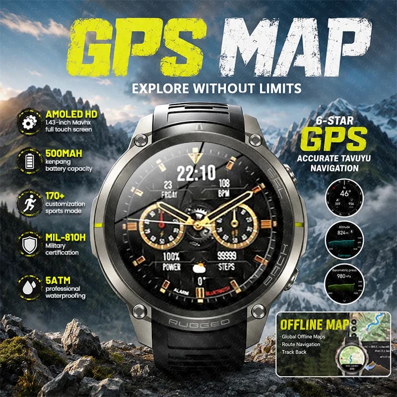 New 5ATM Waterproof Sports Men Smart Watch GPS Offline Map Navigation Compass Altimeter Bluetooth Call 1.43"AMOLED HD Smartwatch