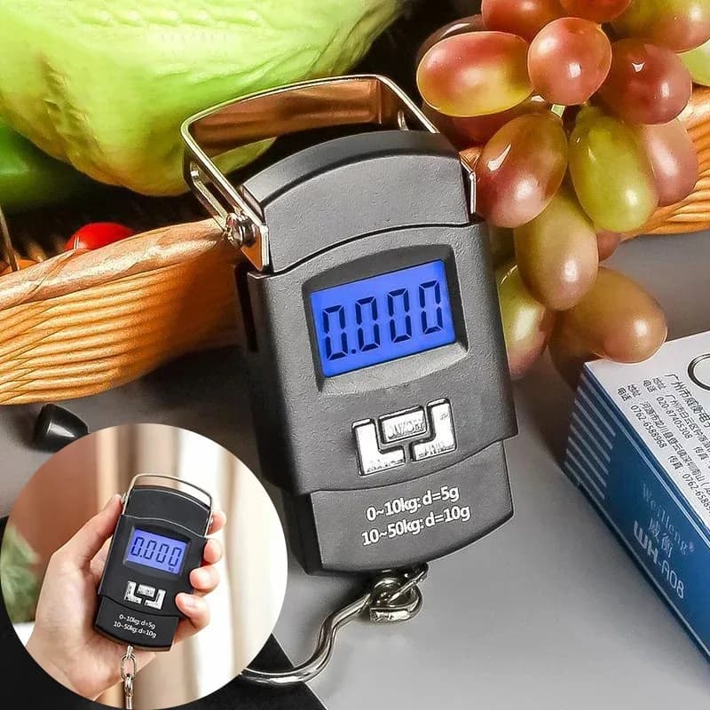 Bilancia elettronica portatile per bagagli nera da 50 kg Display LCD Ad alta precisione Doppia gamma Retroilluminazione blu Gancio durevole Leggero per
