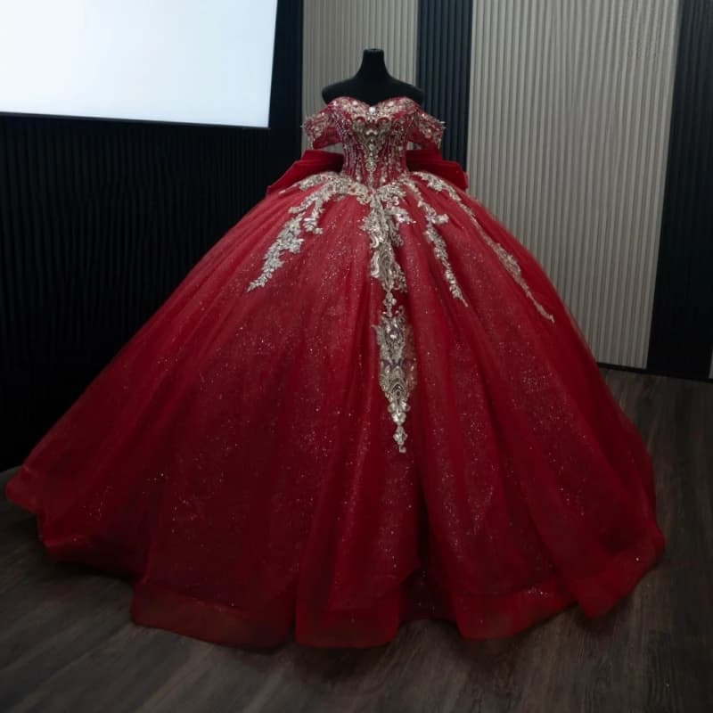 Rosso lucido principessa al largo della spalla dolce 16 abito abiti stile quinceanera applique perline di pizzo fiocco tull festa di compleanno abiti 15