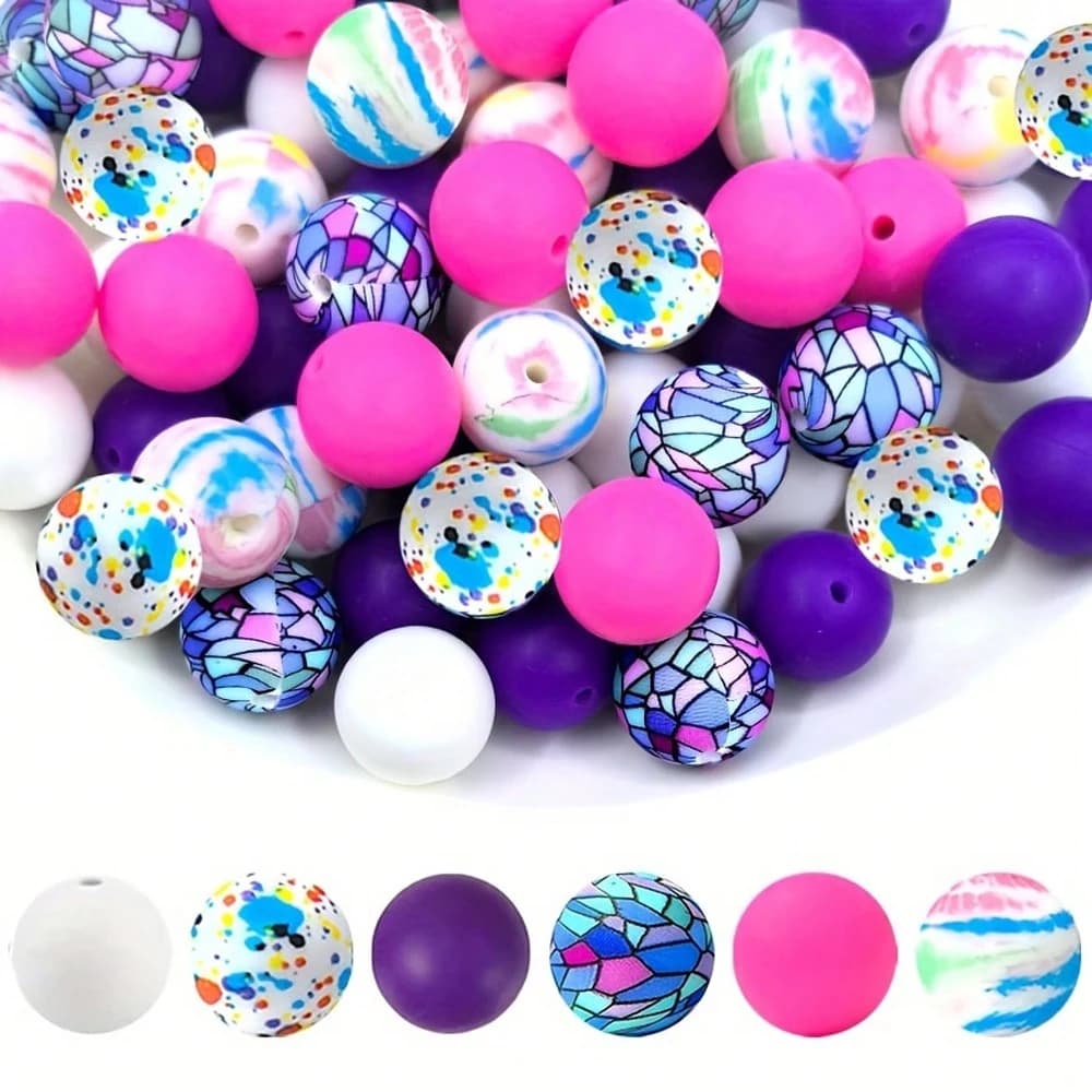 39pcs Silicone Beads Set, Pink & Purple Iridescent Elements, DIY Jewelry Making Supplies, Craft Beads for Earrings, and More