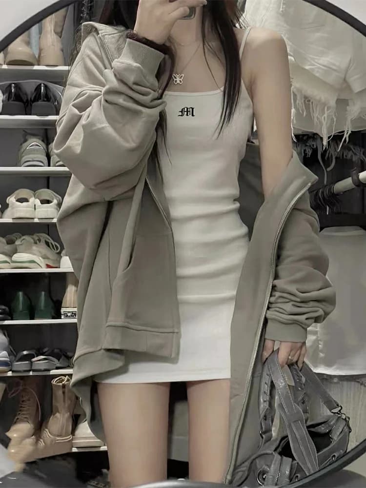 Retro American Casual Lazy Style Hoodie Jacket Women Sweet Spicy Girl Strap Shorts Skirt Two-Piece Set Autumn Season