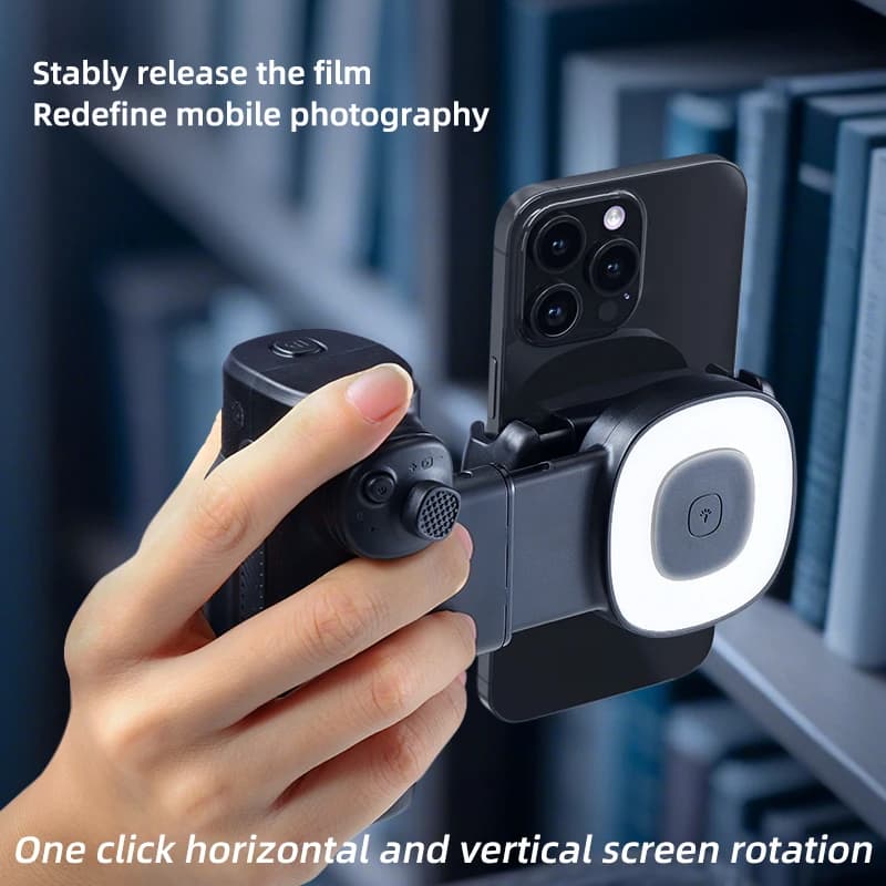 Impugnatura per Selfie con Otturatore per Smartphone, Luce Fotografica Integrata, Rotazione Automatica, Maniglia Bluetooth per Selfie e Stabilizzatore Fotografico