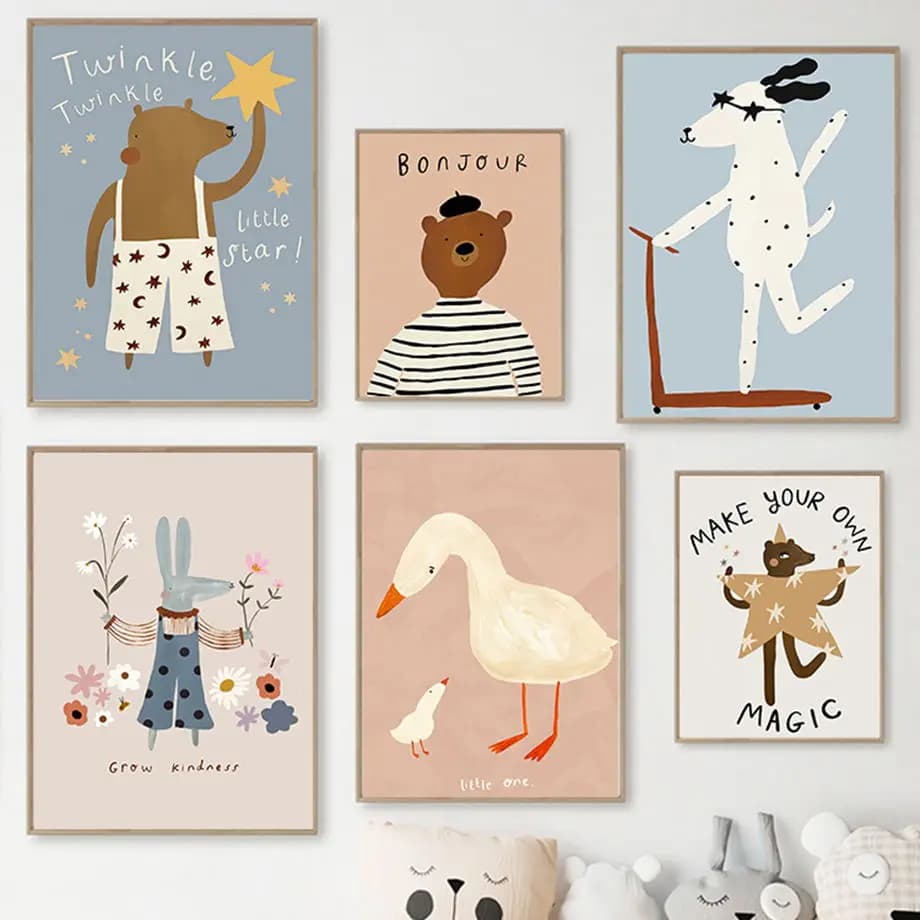 Scooter divertenti Macchiato Cane Orso Coniglio Anatra Wall Art Canvas Painting Nordic Poster Stampe Immagini della scuola materna Baby Kids Room Decor