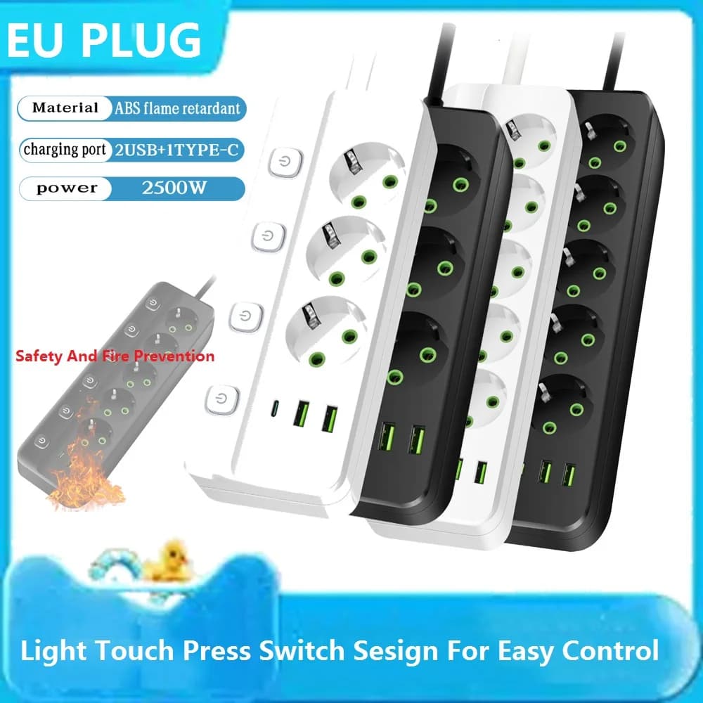 Electric Multi-Port with EU Plug, 3/5 AC sockets, 2 USB ports, 1 Type C socket, 2M cable adapter, Safety and Prevention Hands for Home