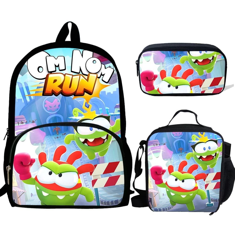 3pcs set Child Frog Cartoon o-Om n-Nom School Backpack with Lunch Bags ,Pencil Bags ,School Bags for Boys Girls Best Gift
