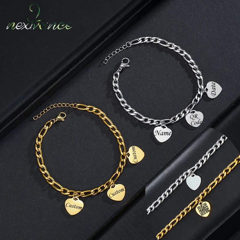 Nextvance Custom Engraved Name Heart Bracelet Stainless Steel Letter Date QR Code Personalized NK Chain Women Boy Jewelry Gifts