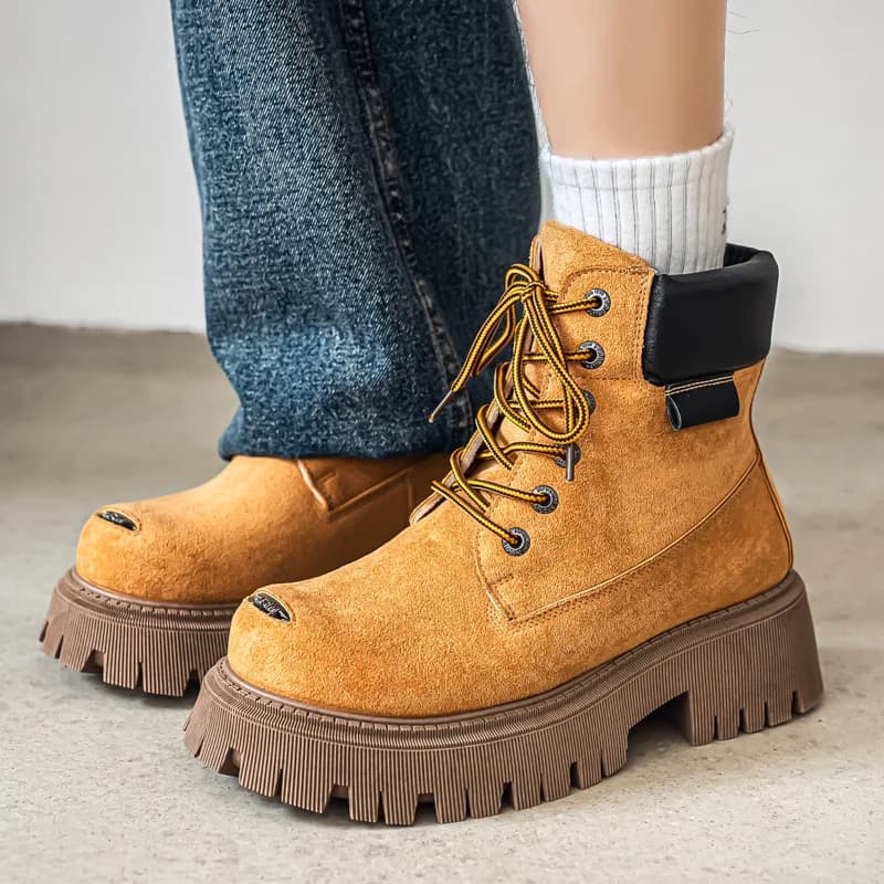 Stivali Classici Alti da Uomo in Pelle per Esterni, Stivaletti Casual da Lavoro con Plateau, Stivali da Moto con Punta Larga, Zapatillas