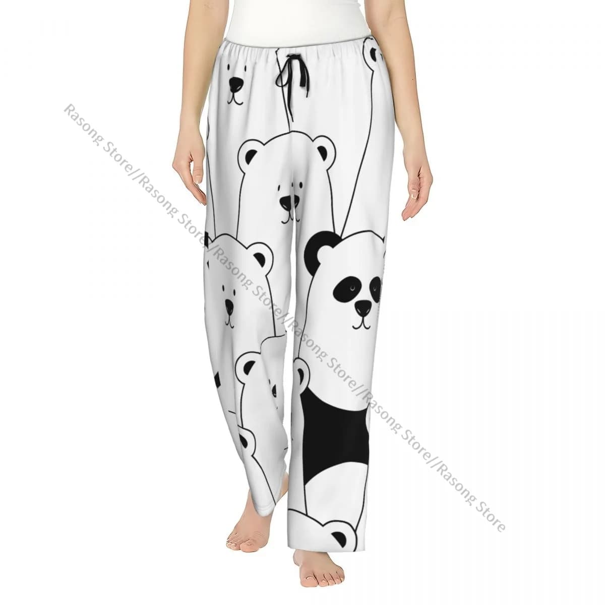 Funny white flannel pajamas trousers with polar bears and panda for women, soft and warm night pants with elastic waist