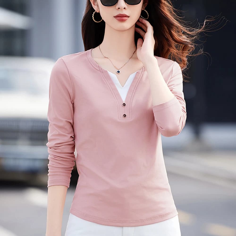 T-shirt rosa a maniche lunghe stile coreano per donna autunno nuova moda in cotone plus size bottone slim fit falso top in due pezzi con scollo a V