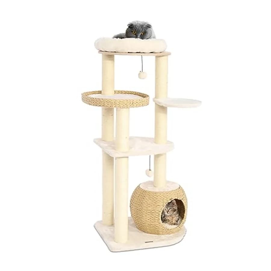 Moderno Tiragraffi per Gatti da Interno 53 con Pali in Sisal Naturale, Cuccia Intrecciata a Mano e Postazione Superiore Marrone, Ideale per Arrampicarsi