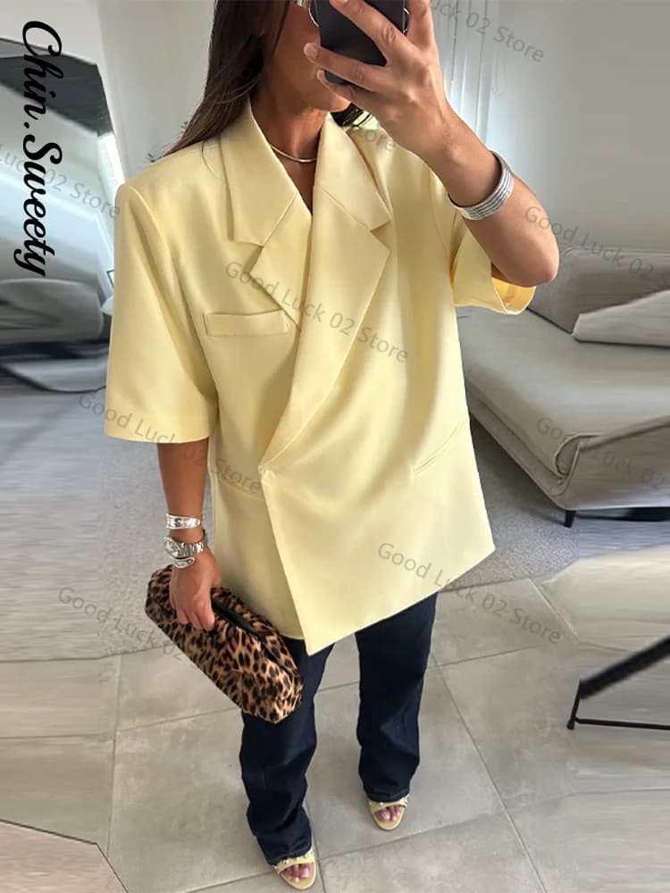 Casual Women's Blazer Coat Short Sleeve Turn-Down Collar Pocket Solid Lady Coats 2025 Summer Autumn Female Street Outwear