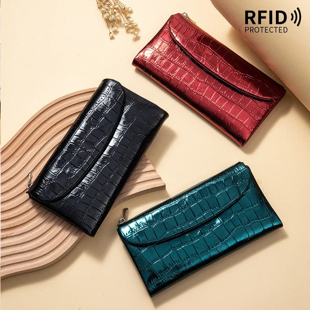Portafoglio Lungo RFID con Motivo Coccodrillo - Porta Carte Multiplo con Scomparto per Telefono e Tasca con Cerniera, Organizer in Pelle Bovina per Uso Quotidiano